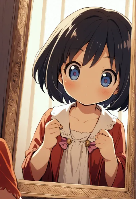 Anime girl about 10 years old with short hair looking in a mirror seriously