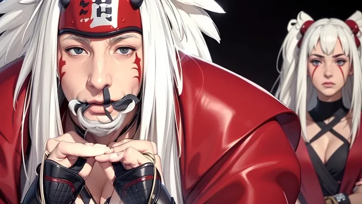 (（（Perfect body,White and tender skin,（（（Wearing a red coat with brown clothes inside, wooden clogs on feet, ninja protective gear on both hands, and a large scroll hanging behind them）））,（（（Jiraiya，Wearing forehead protectors, long white hair, and red mar...