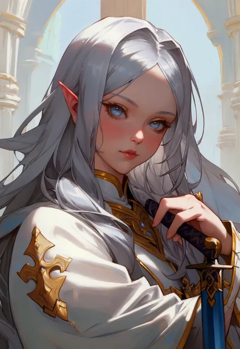 a close up of a woman with long silver hair holding a sword, fantasy art portrait, fantasy portrait art, , fantasy portrait, epic fantasy art portrait, beautiful fantasy art portrait, Saint, Priest