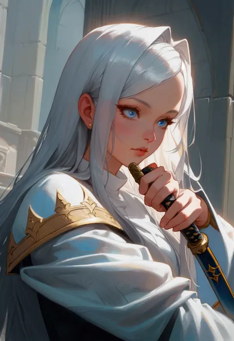 a close up of a woman with long silver hair holding a sword, fantasy art portrait, fantasy portrait art, , fantasy portrait, epic fantasy art portrait, beautiful fantasy art portrait, Saint, Priest