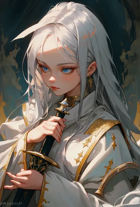 a close up of a woman with long silver hair holding a sword, fantasy art portrait, fantasy portrait art, , fantasy portrait, epic fantasy art portrait, beautiful fantasy art portrait, Saint, Priest