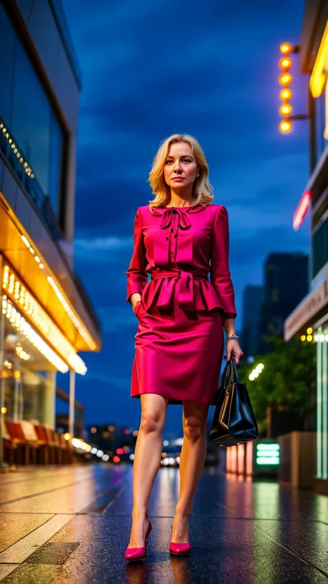 color photography of 40 years old (Polish woman:1.3), elegant, (in city promenade:1.3), at night, flat lighting, (soft saturation:1.2), analog style,