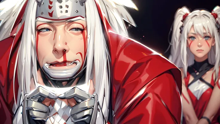 (（（Perfect body,White and tender skin,（（（Wearing a red coat with brown clothes inside, wooden clogs on feet, ninja protective gear on both hands, and a large scroll hanging behind them）））,（（（Jiraiya，Wearing forehead protectors, long white hair, and red mar...