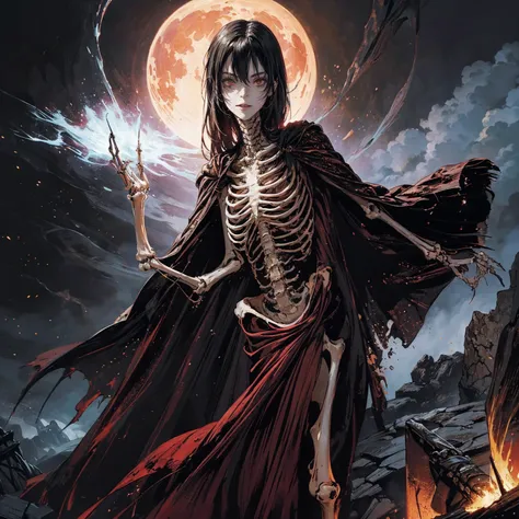 best quality, 4K, high resolution, masterpiece:1.2, Very detailed, actual:1.37, Mood lighting, An undead girl in a long cape, Whole body including two hands & two arms & two legs & two feet are all skeleton bones but except the head is still beautiful huma...