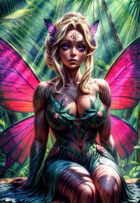 a picture of a jungle fairy, an extraordinary beautiful, elegant beauty, divine beautiful fairy, ((anatomically correct: 1.5)) spread butterfly wings, blue and purple wings, pink eyes, glowing eyes, (ultra detailed face: 1.2), best detailed face,  blond ha...