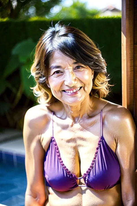 a Japanese elderly woman, 78 years old, wearing sexy bikini, smiling