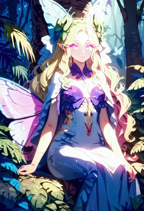 a picture of a jungle fairy, an extraordinary beautiful, elegant beauty, divine beautiful fairy, ((anatomically correct: 1.5)) spread butterfly wings, blue and purple wings, pink eyes, glowing eyes, (ultra detailed face: 1.2), best detailed face,  blond ha...