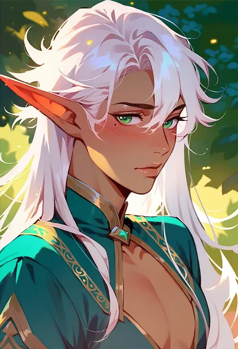 femboy, shy, messy hair, beauty marks, verry tanned, long hair, white hair, green eyes, fantasy clothing, elf ears.