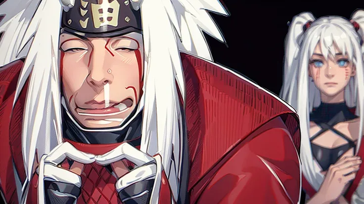 (（（Perfect body,White and tender skin,（（（Wearing a red coat with brown clothes inside, wooden clogs on feet, ninja protective gear on both hands, and a large scroll hanging behind them）））,（（（Jiraiya，Wearing forehead protectors, long white hair, and red mar...