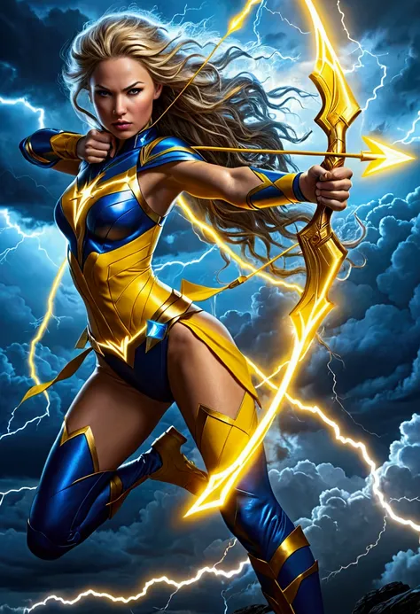 Katalina Thunderbolt, superheroine, Goddess of Thunder, mid-air pose, shooting lightning arrow, thunderbolt bow, sleek alluring form-fitting yellow costume, electrifying patterns, glowing accents, agile flexible physique, vibrant electric currents, dynamic...