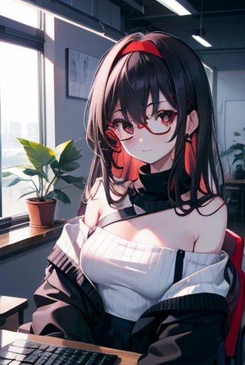 Commercial purposes, Next to Kasumigaoka, Black Hair, hair band, Long Hair, (Red eyes:1.5), smile,blush,Black Abyss Glasses,Off-the-shoulder sweater,Exposing shoulders,Bare neck,bare clavicle,Long skirt,Black Pantyhose,There is a computer on the desk.,touc...