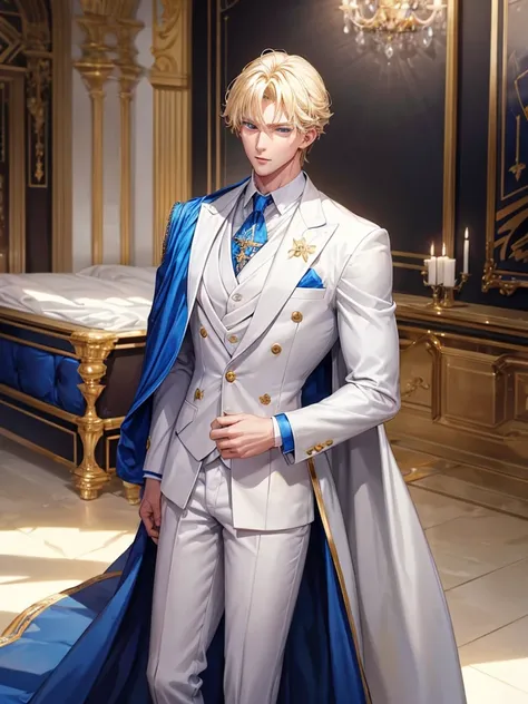 A blonde prince with blue eyes, tall and very handsome, with a white royal suit and a little muscular. 