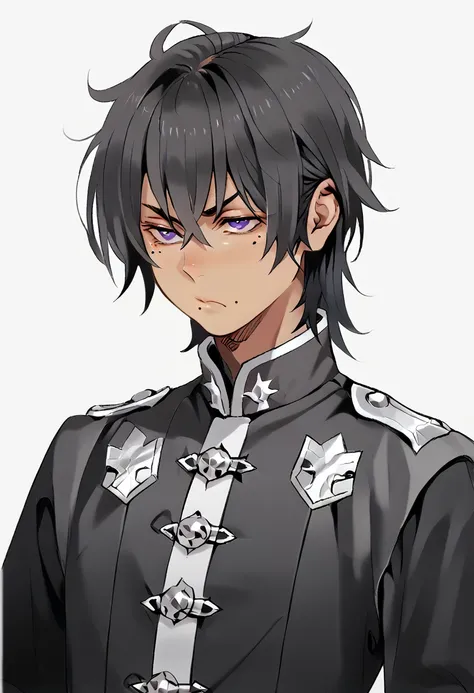 femboy, grumpy, messy hair, beauty marks, verry tanned, medium length hair, black hair, purple eyes, fantasy clothing, royal attire, black and white clothes.