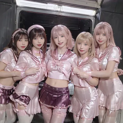 (((Ultra-clear resolution, best quality))), (((super shiny pink silk sailor collar, tight clothes, pleated miniskirt, group photo of only girls crowded train with female only, impossible breasts, angle from below, see-through pantyhose, grin, bleached hair...