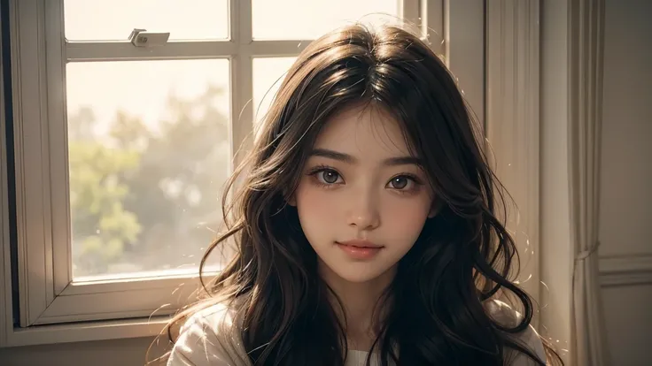 A young woman with a soft, natural makeup look, featuring a slight rosy blush on her cheeks. She has long, wavy hair softly framing her face and is gazing directly at the camera with a gentle smile. The background shows soft, diffused light coming through ...