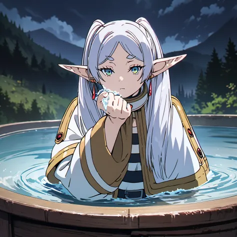 masterpiece, best quality, 4k、2D illustration, one beautiful girl, solo, frieren, pointy ears, elf, earrings, twintails, parted bangs, grey hair, thick eyebrows、((Serious Situations))、((serious face))、speaking something, ((long beautiful hair)), , standing...