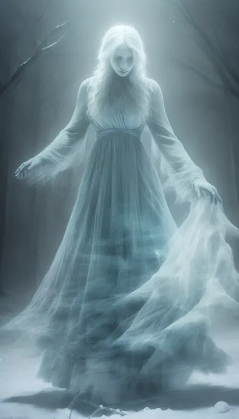 a woman ghost in a dress is dancing, 　　　　　　　A girl made of ice, with a translucent, blue-white body emitting cold, her eyes icy and crystalline, standing in a frozen landscape with glittering ice formations and falling snowflakes