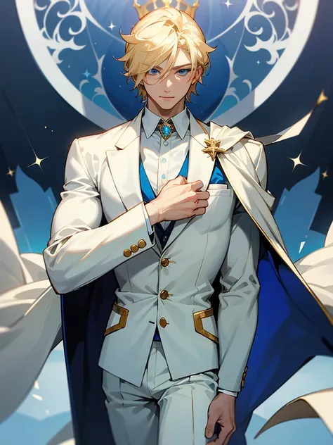 A blond, blue-eyed king, charming, attractive, muscular and wearing a white royal suit. 