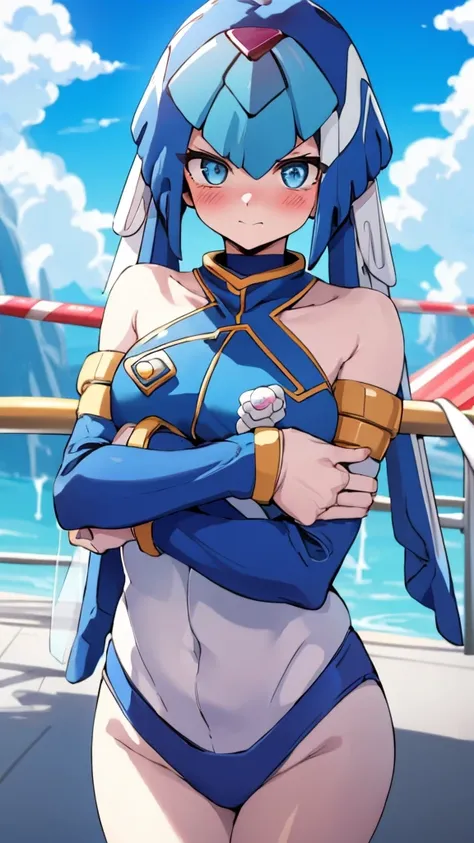 Leviathan_Megamanz, 1 Girl ,Looking at the viewer , blue hair, Blue eyes,Clouds background , Blushed, Wedding ring, Glasses, Holding a baby girl in hands