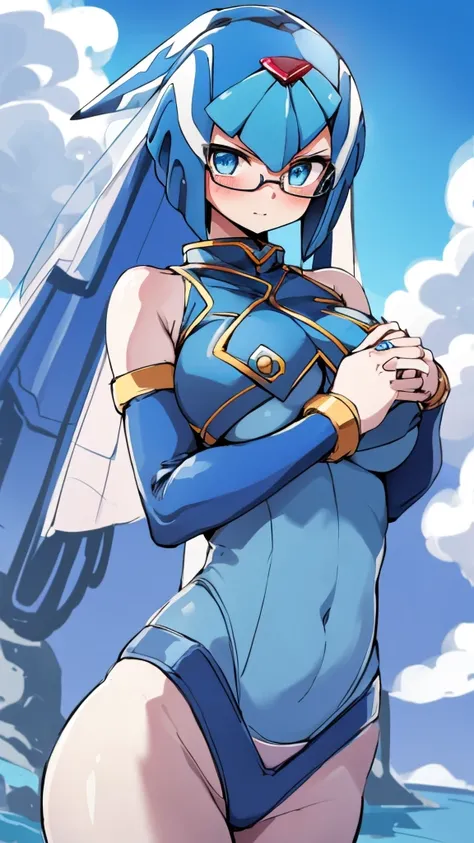 Leviathan_Megamanz, 1 Girl ,Looking at the viewer , blue hair, Blue eyes,Clouds background , Blushed, Wedding ring, Glasses, Holding a baby girl in hands