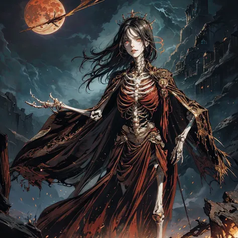 best quality, 4K, high resolution, masterpiece:1.2, Very detailed, actual:1.37, Mood lighting, An undead girl in a long cape, Whole body including two hands & two arms & two legs & two feet are all skeleton bones but except the head is still beautiful huma...