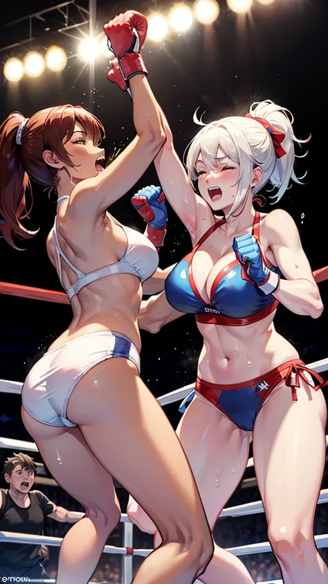 Boxing action. Two women wearing bikinis are boxing in the ring. The woman on the right hits the woman on the left in the cheek.. The woman on the left has her right eye closed, opening her mouth, and sweat.