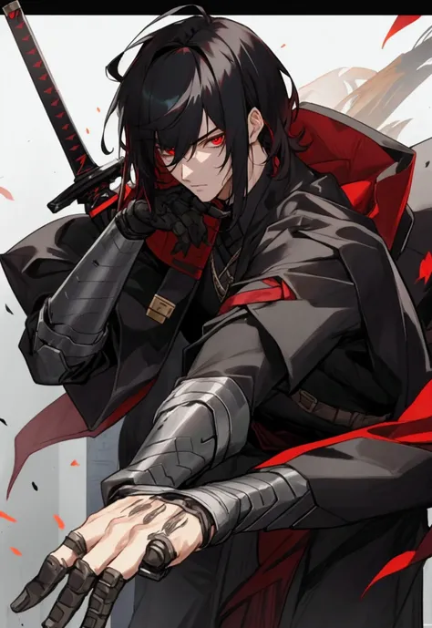 Male, 20s, handsome, mercenary, blacd hair, red eyes, bangs, medium hair, chlotes, had silver sword, fake left eye, machine on nect, prosthetic hand