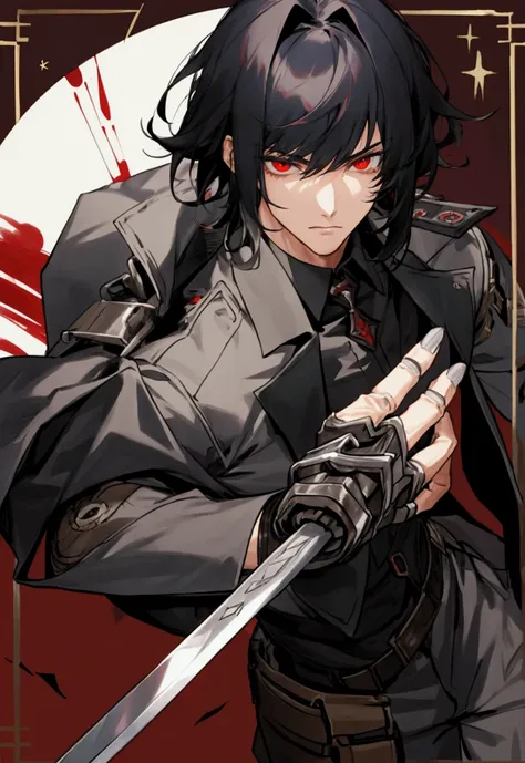 Male, 20s, handsome, mercenary, blacd hair, red eyes, bangs, medium hair, chlotes, had silver sword, fake left eye, machine on nect, prosthetic hand