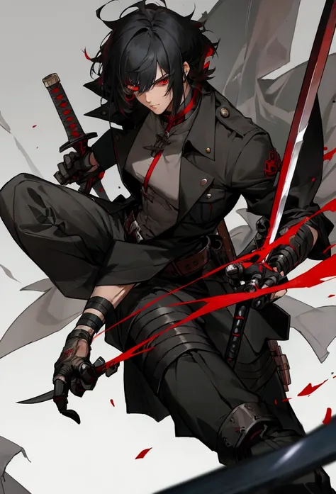 Male, 20s, handsome, mercenary, blacd hair, red eyes, bangs, medium hair, chlotes, had silver sword, fake left eye, machine on nect, prosthetic hand