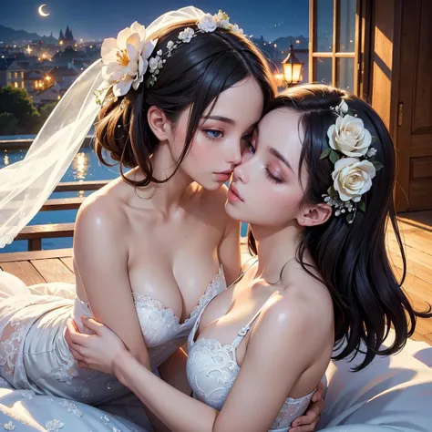 (masterpiece, highest quality, official art, beauty and aesthetic:1.5), perfect anatomy, two stunning bride is deeply in love with each other, kiss, romantic atmosphere, flower and moon, magnificent panorama view