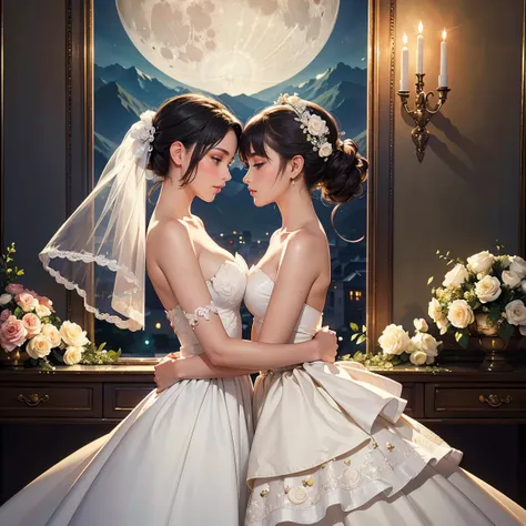 (masterpiece, highest quality, official art, beauty and aesthetic:1.5), perfect anatomy, two stunning bride is deeply in love wi...