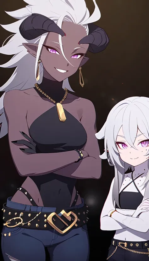 Dark-skinned tomboyish woman, black dragon horns on head, short Android 21 silver hair, violet eyes, long pointy ears, black scales on skin, gold jewelry, mischievous smile, white cropped halter top, dark blue jeans, black studded belts, jean chains, cross...