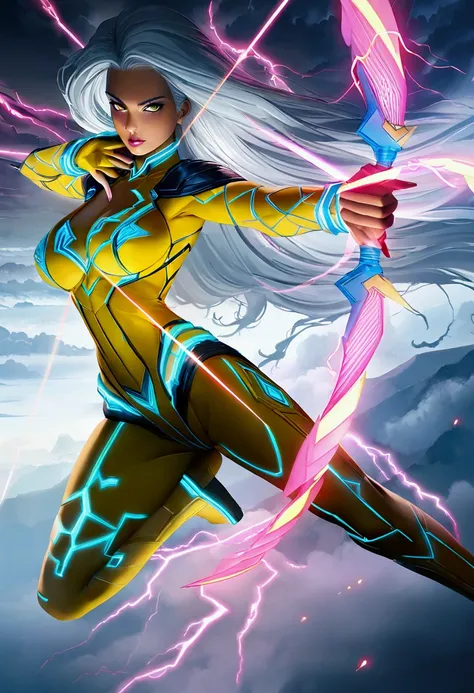 Katalina Thunderbolt, superheroine, Goddess of Thunder, mid-air pose, shooting lightning arrow, thunderbolt bow, sleek alluring form-fitting yellow costume, electrifying patterns, glowing accents, agile flexible physique, vibrant electric currents, dynamic...