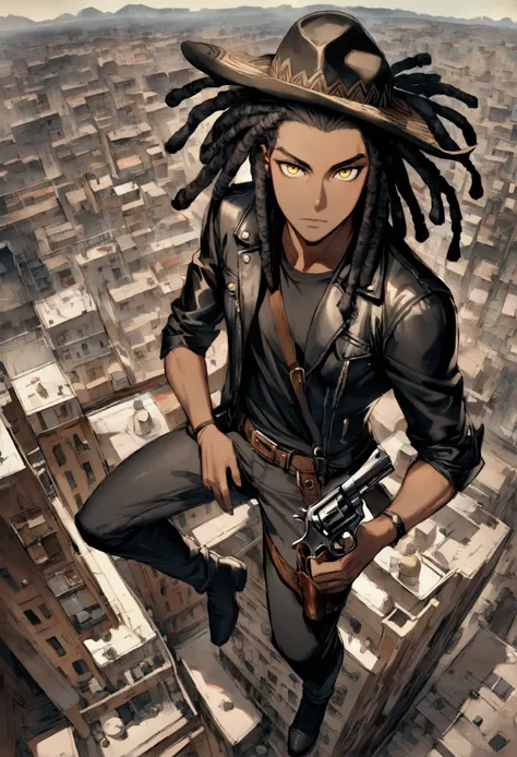 1 man, long black hair with dreadlocks, gold eyes, dark skinned, African, wearing black cowboy hat, black leather jacket, black shirt, black jeans, black boots, holster, revolver, athletic constitution, city, looking at the viewer