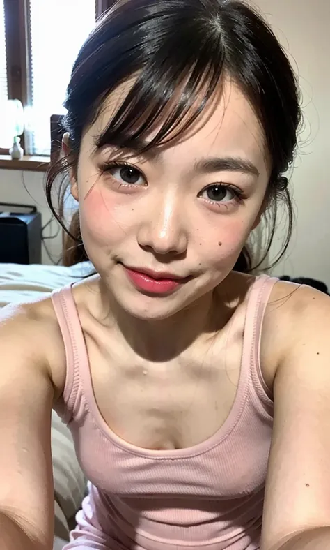 Pink Tank Top, hot pants, bed, (8k, RAW Photos, Realistic: 1.25), 16 years old, Cute Face, (Toddler face), Pretty lips, small, smile, Lots of lip gloss, Lots of eyelashes, Watery eye, Highest quality, Ultra-high resolution, Depth of written boundary, chrom...