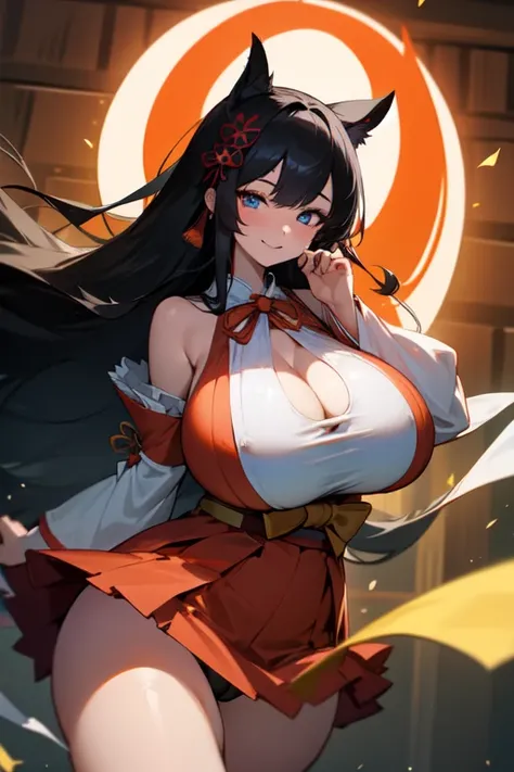 good quality, best quality, highres, absurdres, 8k, 4K, masterpiece, Girl in Japanese shrine maiden outfit, Hime cut with long black hair,Has straight bangs and blue eyes, smile, Showing her breasts, (Huge breasts:1.5), Cleavage, (Hime cut with super long ...