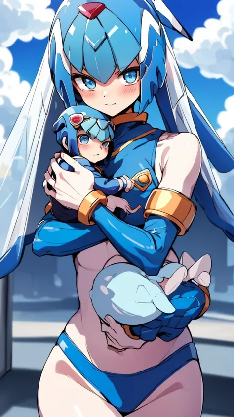 Leviathan_Megamanz, 1 Girl ,Looking at the viewer , blue hair, Blue eyes,Clouds background , Blushed, Wedding ring, Glasses, Holding a baby girl in hands