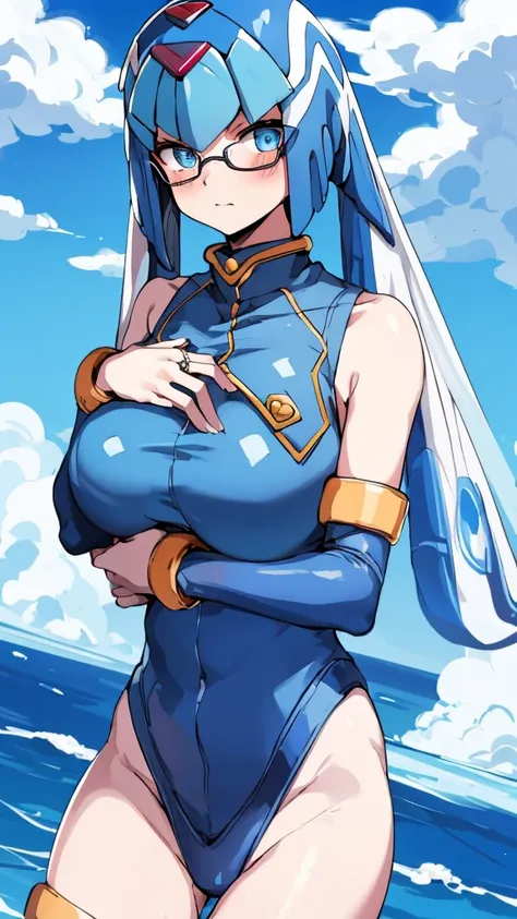 Leviathan_Megamanz, 1 Girl ,Looking at the viewer , blue hair, Blue eyes,Clouds background , Blushed, Wedding ring, Glasses, Holding a baby girl in hands