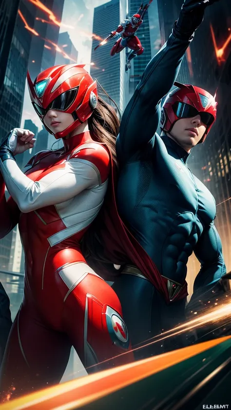 (masterpiece, Best image quality),Five men and women, Male hero wearing a red suit, Male hero wearing a blue suit, Female hero in a green suit,Female hero wearing a white suit,Male hero wearing a black suit, (Dynamic pose | Element Surround:1.2), Low angle...