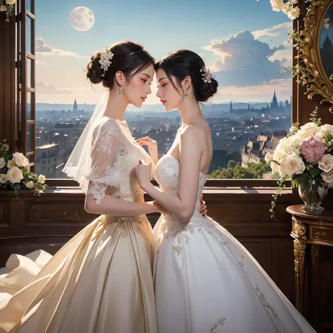 (masterpiece, highest quality, official art, beauty and aesthetic:1.5), perfect anatomy, two stunning bride is deeply in love with each other, kiss, romantic atmosphere, flower and moon, magnificent panorama view