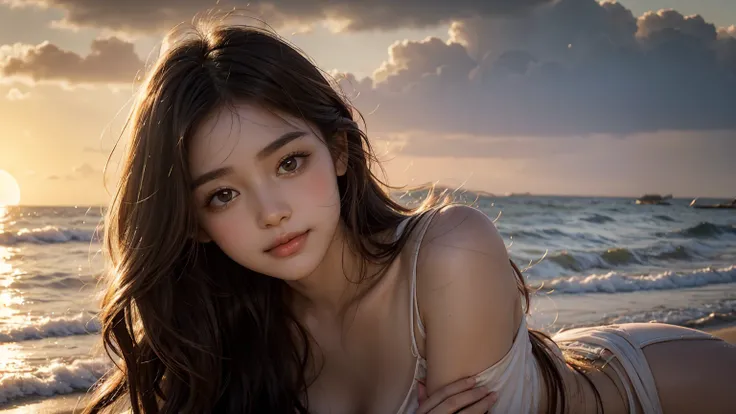 A young woman with a soft, natural makeup look, featuring a slight rosy blush on her cheeks. She has long, wavy hair softly framing her face and is gazing directly at the camera with a gentle smile. The background shows the warm, golden light of the settin...