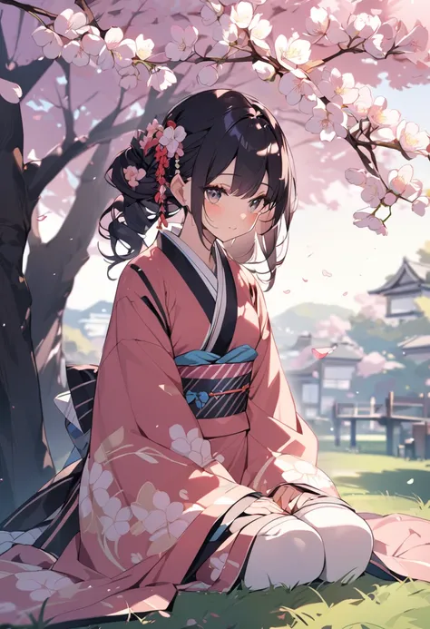 A girl in a kimono sitting under a cherry tree