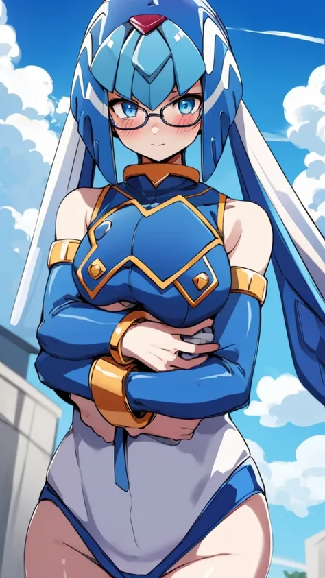 Leviathan_Megamanz, 1 Girl ,Looking at the viewer , blue hair, Blue eyes,Clouds background , Blushed, Wedding ring, Glasses, Holding a baby girl in hands