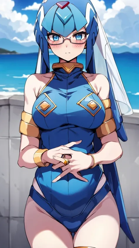 Leviathan_Megamanz, 1 Girl ,Looking at the viewer , blue hair, Blue eyes,Clouds background , Blushed, Wedding ring, Glasses, Holding a baby girl in hands