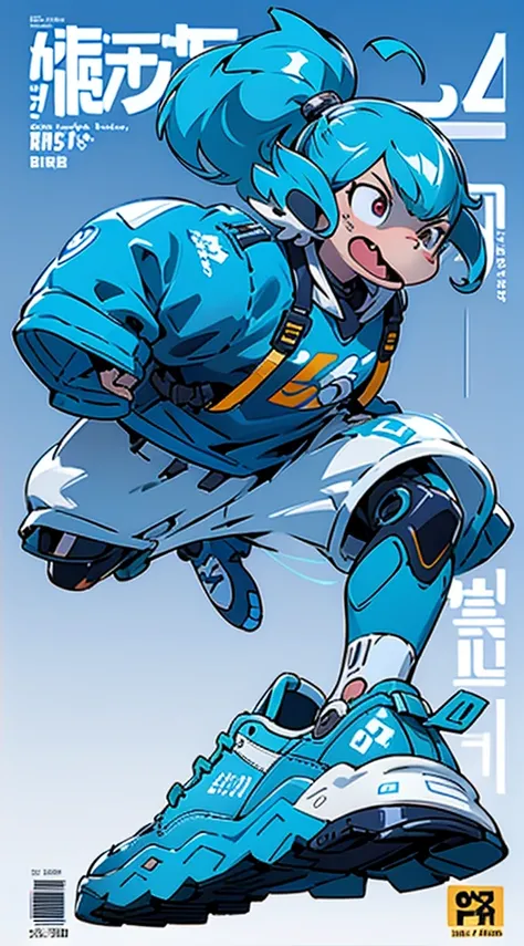 A bright blue dog-themed character, Wearing big sneakers, サイバーパンク, Magazine Cover, Simple Background, Running around, raised fist, projected inset, UHD, best quality, highres, 8k