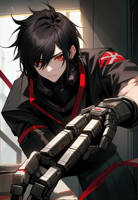 Male, 18,, mercenary, bLack hair, red eyes, fake left eye, machine on neck, prosthetic hand, casual, office