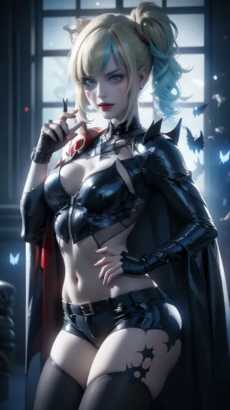 Batleen embodies the legacy of Batman and the redemption of Harley Quinn. In this anime-style design, she wears a combat suit that is predominantly black with dark blue accents and touches of red on the boots and gloves, combining elegance and functionalit...