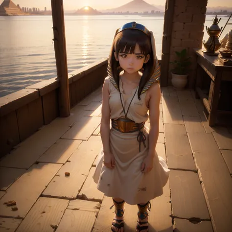 かわいいAncient Egyptの15歳の女の子、Ancient Egypt、View of the Nile、A colorful view of the whole、whole body、Low - Angle、Standing posture、Reeds are growing、Ancient Egyptの船、Ancient Egyptの風景、Sunset、