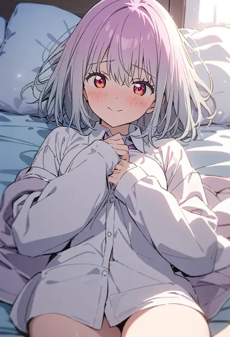 1girl, shinjou akane, gridman universe, naked shirt,big white collared shirt,sleeve past hands,lying on the bed,blush,embarrased,smile,soft lighting, pastel colors, bedroom scene,masterpiece, best quality, absurdres,