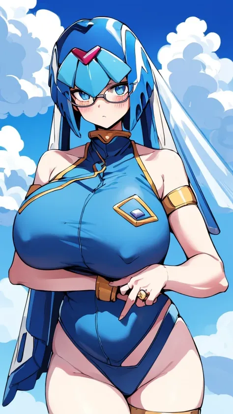 Leviathan_Megamanz, 1 Girl ,Looking at the viewer , blue hair, Blue eyes,Clouds background , Blushed, Wedding ring, Glasses, Holding a baby girl in hands